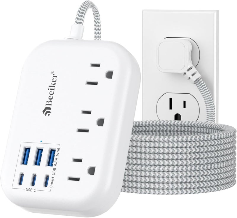 Beeiker 6 USB(3 USB C) Surge Protector Power Strip- Extension Cord 10 Ft with 24W USB Charging Station and 3 Outlets, Flat Plug Long Braided Extension Cord with Multiple Outlets for Home Office College Dorm - Image 1